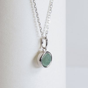 Aventurine disc or flat necklace, natural with silver chain and pendant, minimalist gift for her with a green stone.