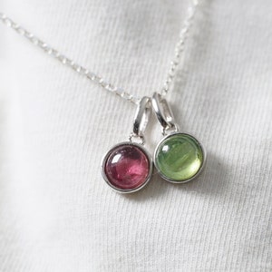 Red or green natural tourmaline necklace in silver