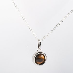 Peut inclure: Un collier en chaîne argent avec un pendentif rond orné d'une pierre de œil de tigre brune.