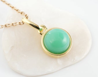 Natural chrysoprase necklace with green stone pendant in golden cabochon