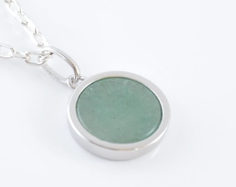 Flat and round aventurine necklace in silver, 12mm pendant with green natural stone, minimalist jewelry.