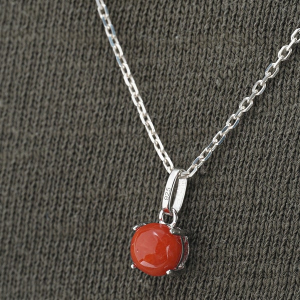 Collier corail rouge d'Italie en cabochon de 6mm, pendentif et chaine en argent 925/1000 (argent sterling), bijou pour femme.