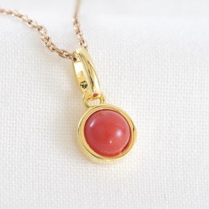 Red coral necklace from Italy, gold, 5mm cabochon, small pendant and gold chain, minimalist jewelry for women.