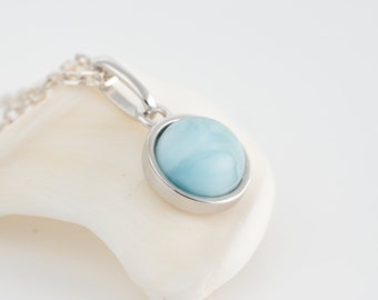 Natural Larimar cabochon necklace, silver pendant and chain, women's jewelry.