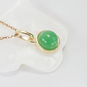 Green jade cabochon necklace (green natural stone), 14 carat gold pendant 1 micron, minimalist jewelry for women.