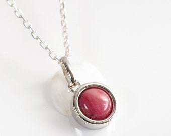 Natural Rhodonite Cabochon Pendant, Minimalist Necklace with Pendant and Silver Chain, Minimalist Gift for Women.