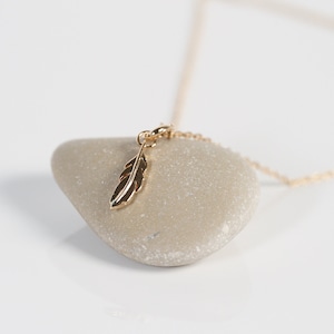 Pode incluir: Um delicado colar de ouro com um pequeno pingente de pena. O colar está apoiado em uma pedra de cor cinza claro.
