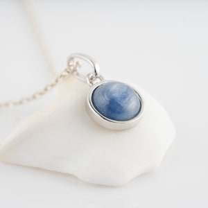 Kyanite cabochon pendant necklace, silver pendant and chain, natural blue stone on unique minimalist jewelry for gift.