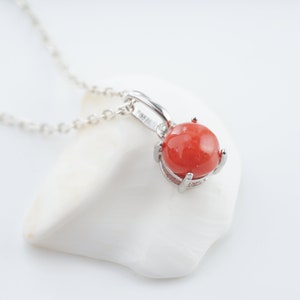 Red coral necklace from Italy in 6mm cabochon, pendant and chain in silver 925/1000 (sterling silver), jewel for women.