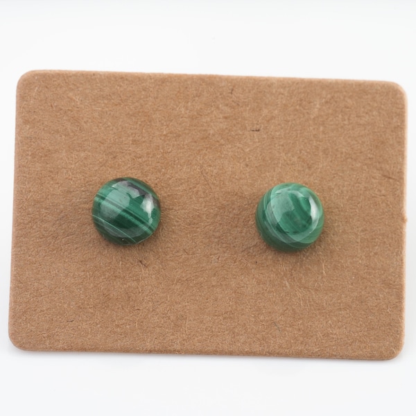 Malachite natural stone cabochon earring, in silver. Simple and minimalist green jewelry for women.