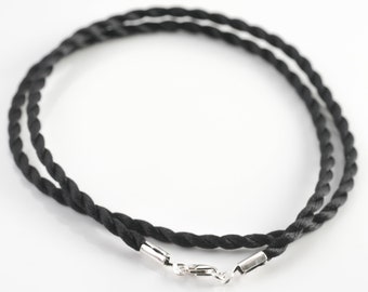 Zwart gedraaid koord collier (nylon) en 925 zilver, lengte van 38 tot 60cm