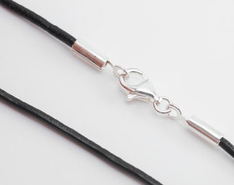Black leather and 925 silver cord necklace for choker, minimalist necklace for women and men.