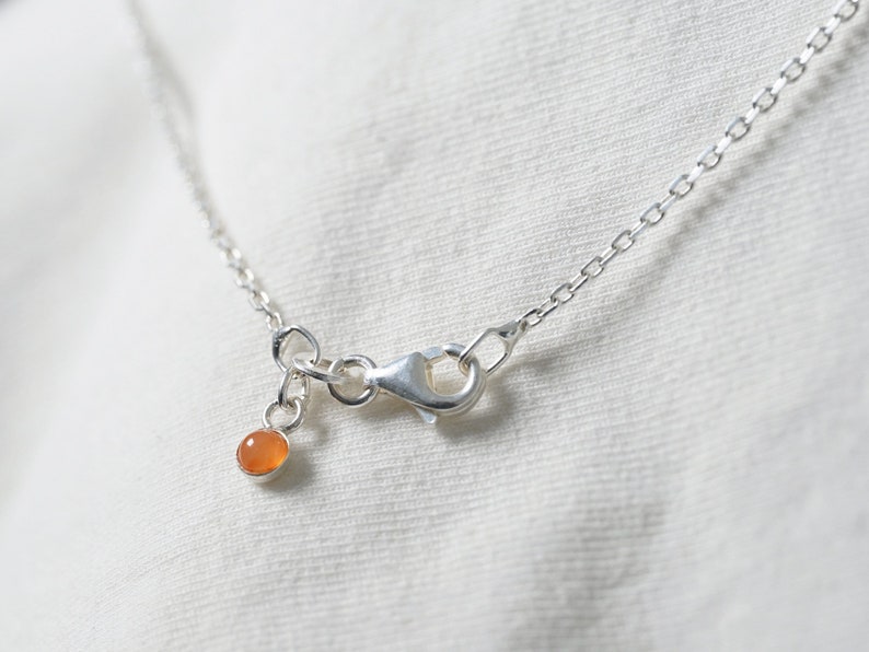 May include: A silver chain necklace with a lobster clasp and a small orange gemstone pendant.