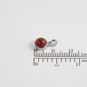 Op de afbeelding: Een kleine, ronde hanger met een roodbruine steen gezet in een zilverkleurig metaal. De hanger heeft een diameter van ongeveer 1,3 cm. De bale is een eenvoudige lus. De hanger wordt gepresenteerd op een witte ondergrond.