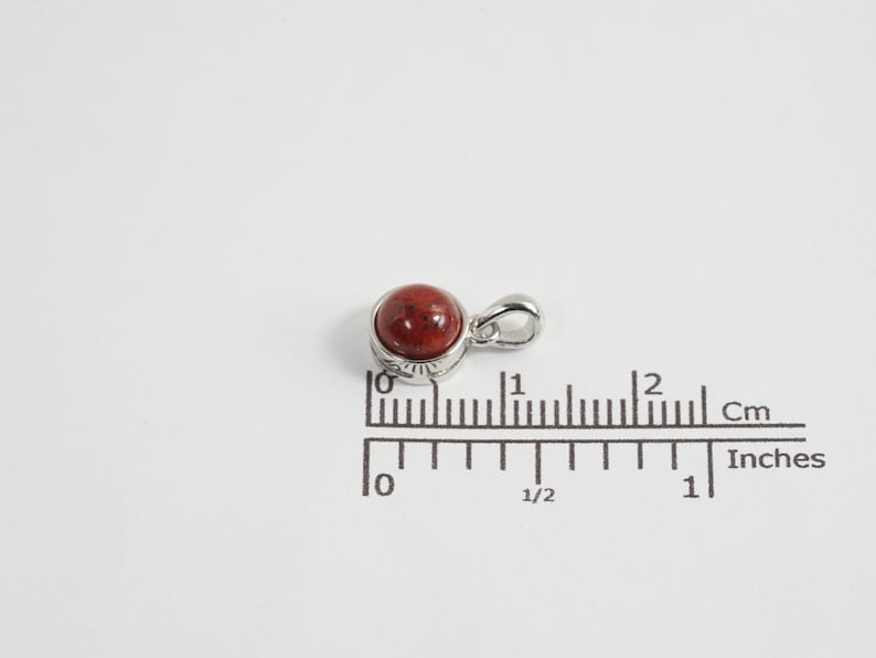 Op de afbeelding: Een kleine, ronde hanger met een roodbruine steen gezet in een zilverkleurig metaal. De hanger heeft een diameter van ongeveer 1,3 cm. De bale is een eenvoudige lus. De hanger wordt gepresenteerd op een witte ondergrond.