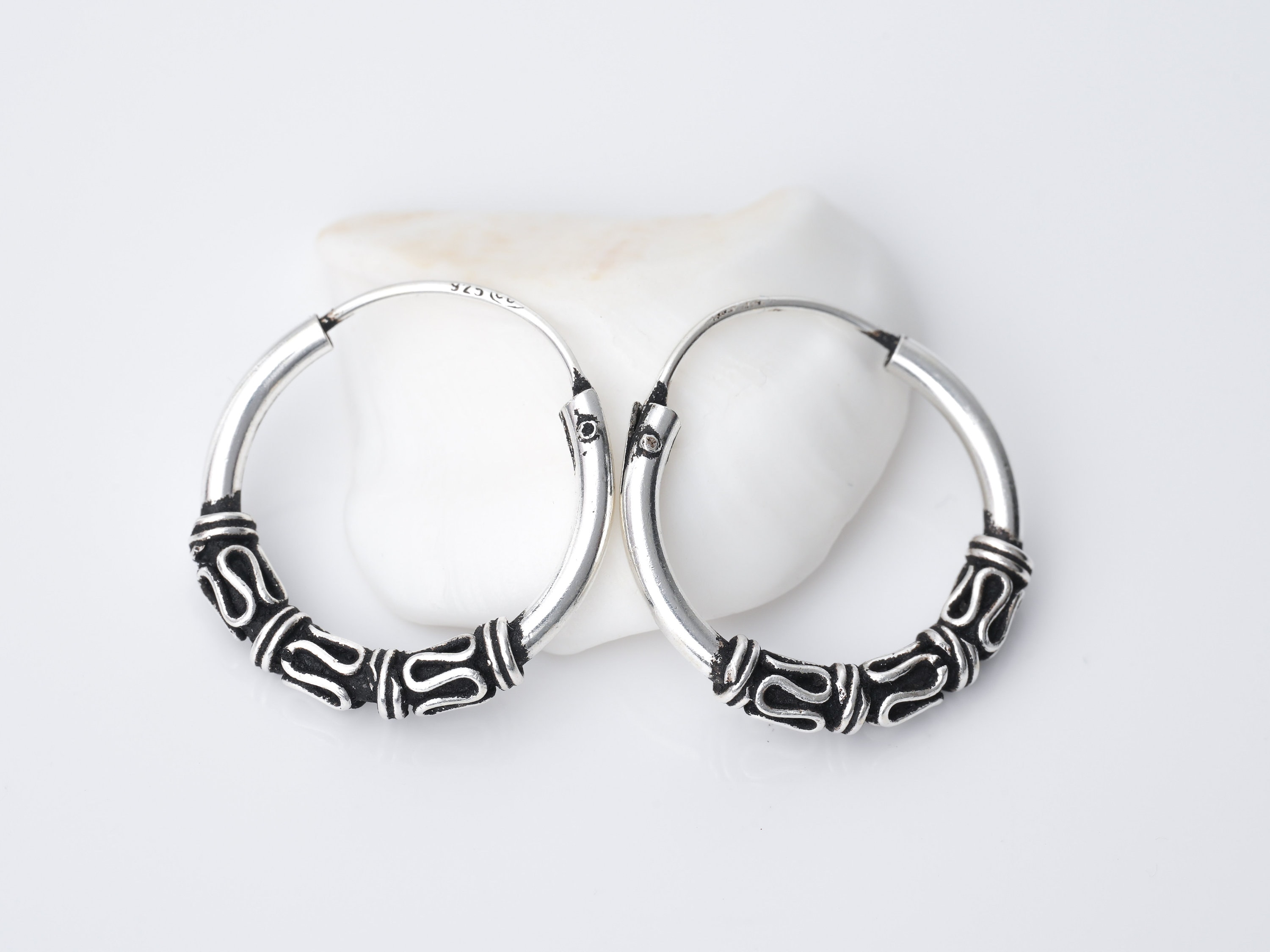 Ethnic Style Silver Hoop Earrings, or Bali Hoops, Diameter