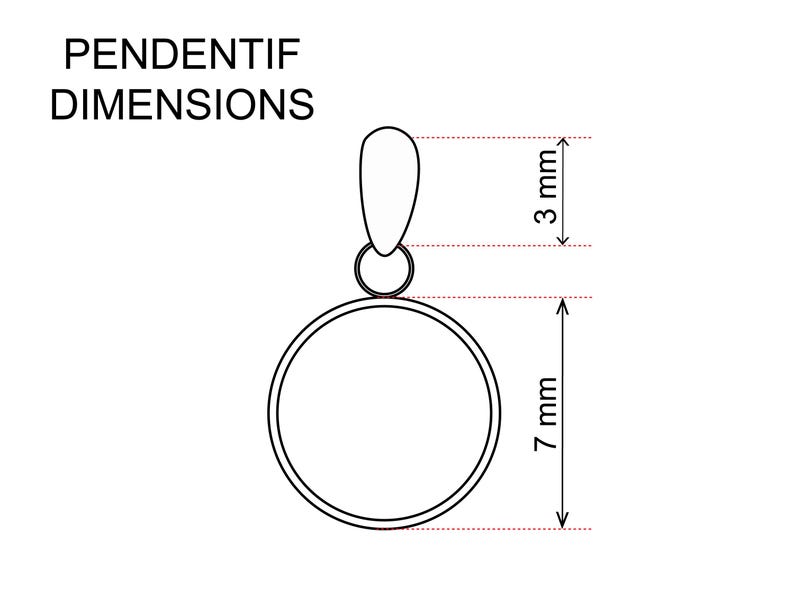 Op de afbeelding: Een zwart-wit lijntekening van een hanger met afmetingen. De hanger is cirkelvormig, met een lus aan de bovenkant. De tekst "PENDENTIF DIMENSIONS" staat boven de hanger. De hanger is 7 mm hoog en 3 mm breed.