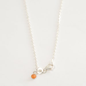 May include: A silver chain necklace with a small orange gemstone pendant.