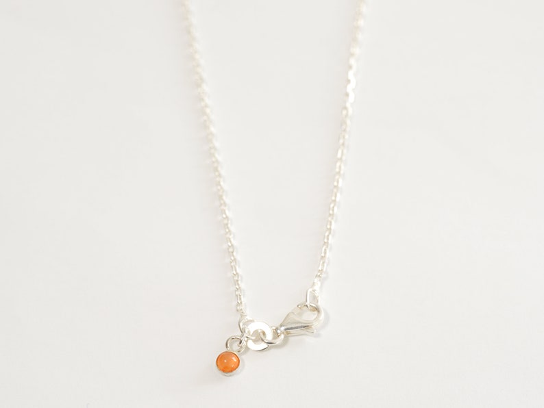 May include: A silver chain necklace with a small orange gemstone pendant.