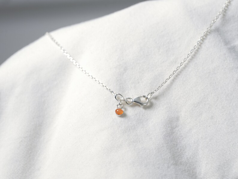 May include: A silver chain necklace with a small orange gemstone pendant.
