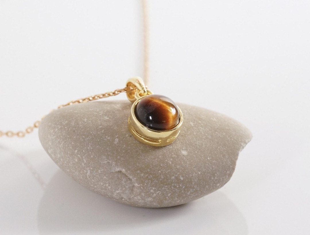 Tiger's Eye Necklace With Natural Cabochon Stone, Minimalist Pendant ...