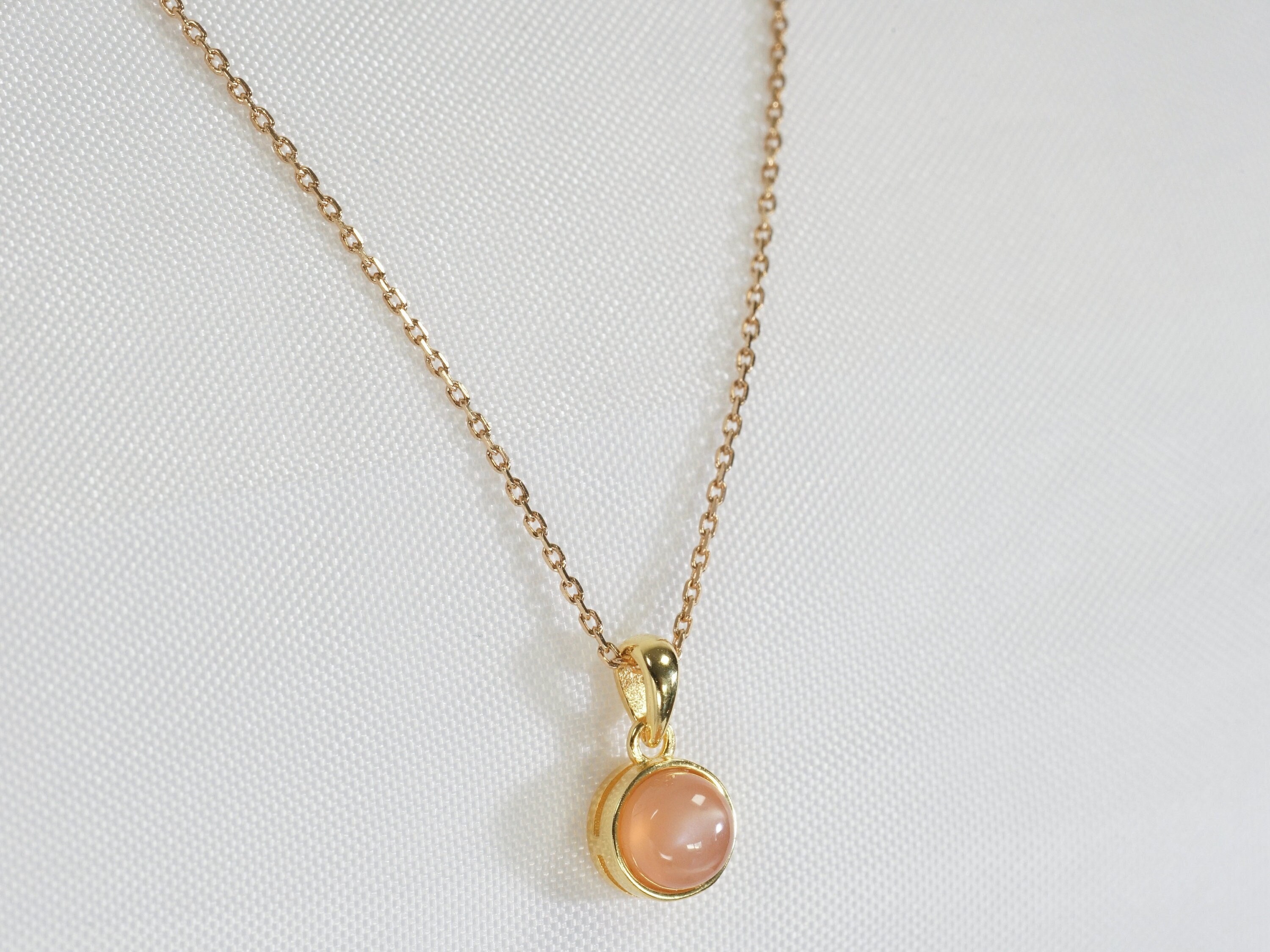 Natural peach moonstone cabochon necklace with pendant and gold chain. Birthday gift for her - Minimalist jewelry.