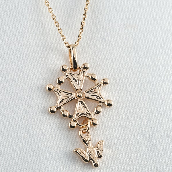 Collier croix huguenote avec pendentif plaqué or (croix protestante du sud de la France).