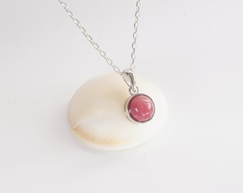 Natural Rhodonite cabochon necklace, pendant and silver chain, pink stone for minimalist jewelry.