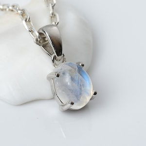 Rainbow moonstone necklace oval cabochon with silver pendant and a 45cm to 80cm chain, minimalist blue jewelry.