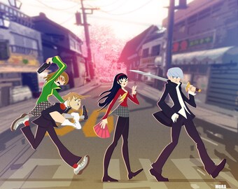 May include: Four cartoon characters in a city street setting. A female character in green and black clothing holds a gun. A male character in black and white clothing holds a sword. A female character in red and black clothing holds a sword. A male character in black and white clothing holds a sword. The characters are walking across a crosswalk.