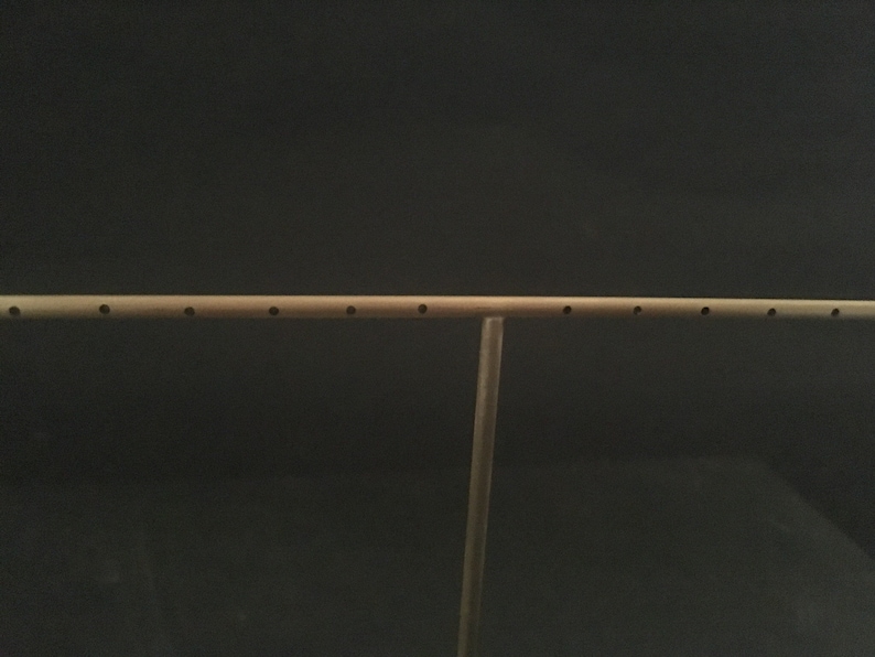 Pode incluir: Um suporte para brincos de metal dourado com uma barra horizontal e v&aacute;rios furos para pendurar brincos.