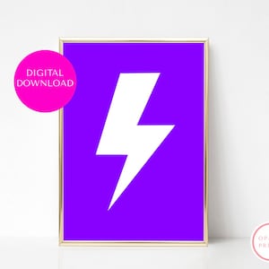 Purple Neon Lightning Bolt Print, Nursery, Kids Teen Bedroom Poster, Printable Modern Wall Art, Neon Digital Download, Minimalist Home Decor