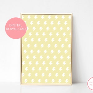 Yellow White Lightning Bolt Print, Nursery, Kids Teen Bedroom Poster, Printable Wall Art, Pastel Digital Download, Minimalist Home Decor