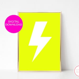 Yellow Neon Lightning Bolt Print, Nursery, Kids Teen Bedroom Poster, Printable Modern Wall Art, Neon Digital Download, Minimalist Home Decor
