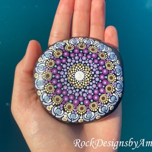 Mandala Stone | Painted Rocks | Rock Art | Dotted Mandala | Tan Mandala | Purple Rock Painting | Dot Rocks | Decorative Rocks | Home Decor