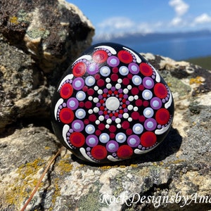Red and Purple Mandala Rock | Painted Rocks | Rock Art | Dot Mandala | Paperweight | Hand Painted | Purple Stone Art | Red Painted Stones