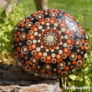 Brown Mandala Rock | Brown Painted Rocks | Rock Art | Decorative Stones | Mandala Home Decor | Dot Stones | Handmade | Dotted Mandala