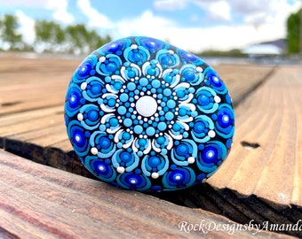 Blue Mandala Stone | Blue Painted Rocks | Rock Art | Mandala Rocks | Dot Mandala | Blue Stone Painting | Rock Paperweights | Blue Dot Art