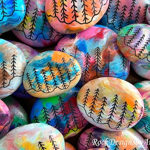 Forest Painted Rocks | Tree Sky Scene | Rock Art | Paint Pour Art | Tree Painted Rocks | Nature Rocks | Christmas | Winter | Pine Tree Art