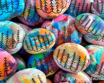 Forest Painted Rocks | Tree Sky Scene | Rock Art | Paint Pour Art | Tree Painted Rocks | Nature Rocks | Christmas | Winter | Pine Tree Art