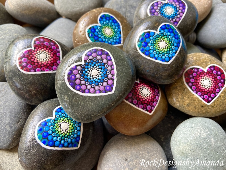 Colerful Heart Rocks Heart Painted Rocks | Valentine’s Day Gifts | Dotted Heart Rocks ...