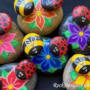 Bee and Ladybug Painted Rocks | Flower Painted Rocks | Hand Painted | Rock Art | Bee Rocks | Ladybug Rocks | Flower Art | Painted Stones