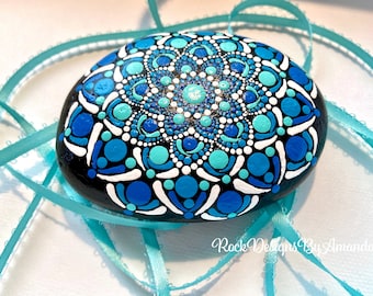 Blue Painted Mandala Rock | Painted Beach Stone | Decorative Rocks | Blue Dot Art | Mandala Home Decor | Blue Painted Stones | Paperweights