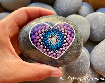 Heart Mandala Rock | Painted Rocks | Heart Rocks | Blue Mandala | Purple Mandala | Heart Art | Dot Rocks | Dot Art | Rock Art | Mandala