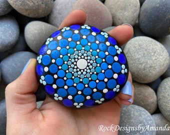 Blue Mandala Stone | Dot Rocks | Painted Rocks | Blue Dot Art | Rock Painting | Paperweight | Mandala Rocks | Stone Art | Dot Painting