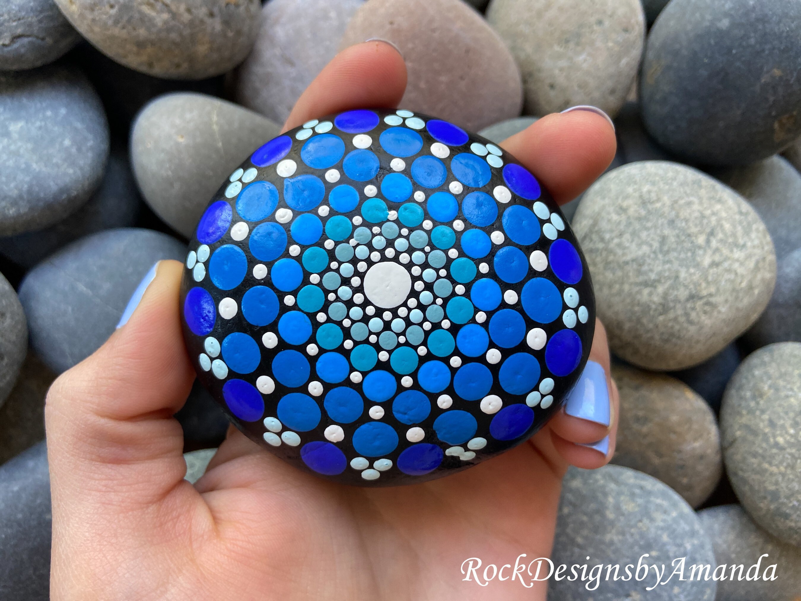 Blue Mandala Stone | Dot Rocks | Painted Rocks | Blue Dot Art