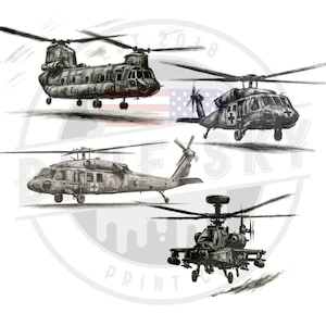May include: Illustration of four military helicopters in flight. The image features a Chinook, a Black Hawk, an Apache, and a medical helicopter with a cross symbol. The helicopters are rendered in a detailed, grayscale style.