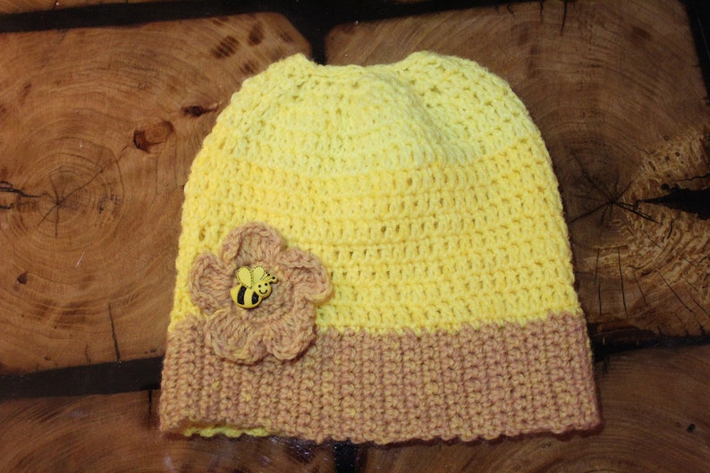 Pony tail beanie Crochet Winter Hat Bumblebee Hat Yellow Hat Messy Bun Beanie