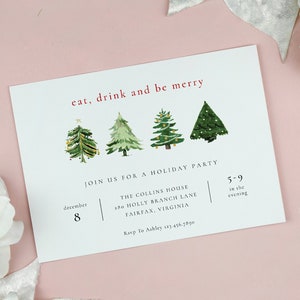 Holiday Party Invitation Editable Template, Classic Christmas Party Printable Invitation, Watercolor Christmas Trees, Instant Download CT92 image 1