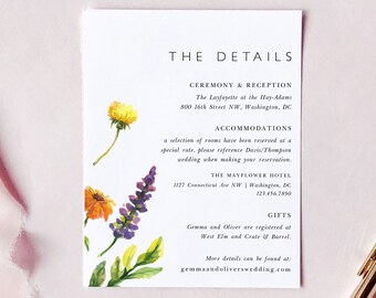 Wildflower Wedding Details Card, Watercolor Detail Card Template, Colorful Floral Details Insert Card, Botanical Details Card Printable EF53